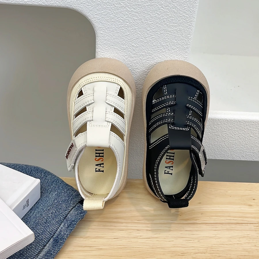 【JP063】夏款包头凉鞋编织罗马鞋男女童沙滩鞋韩版休闲魔术贴布鞋