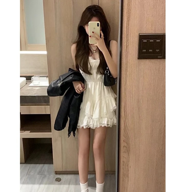 早秋小个子pu皮衣夹克机车外套女不规则蕾丝拼接吊带连衣裙子套装