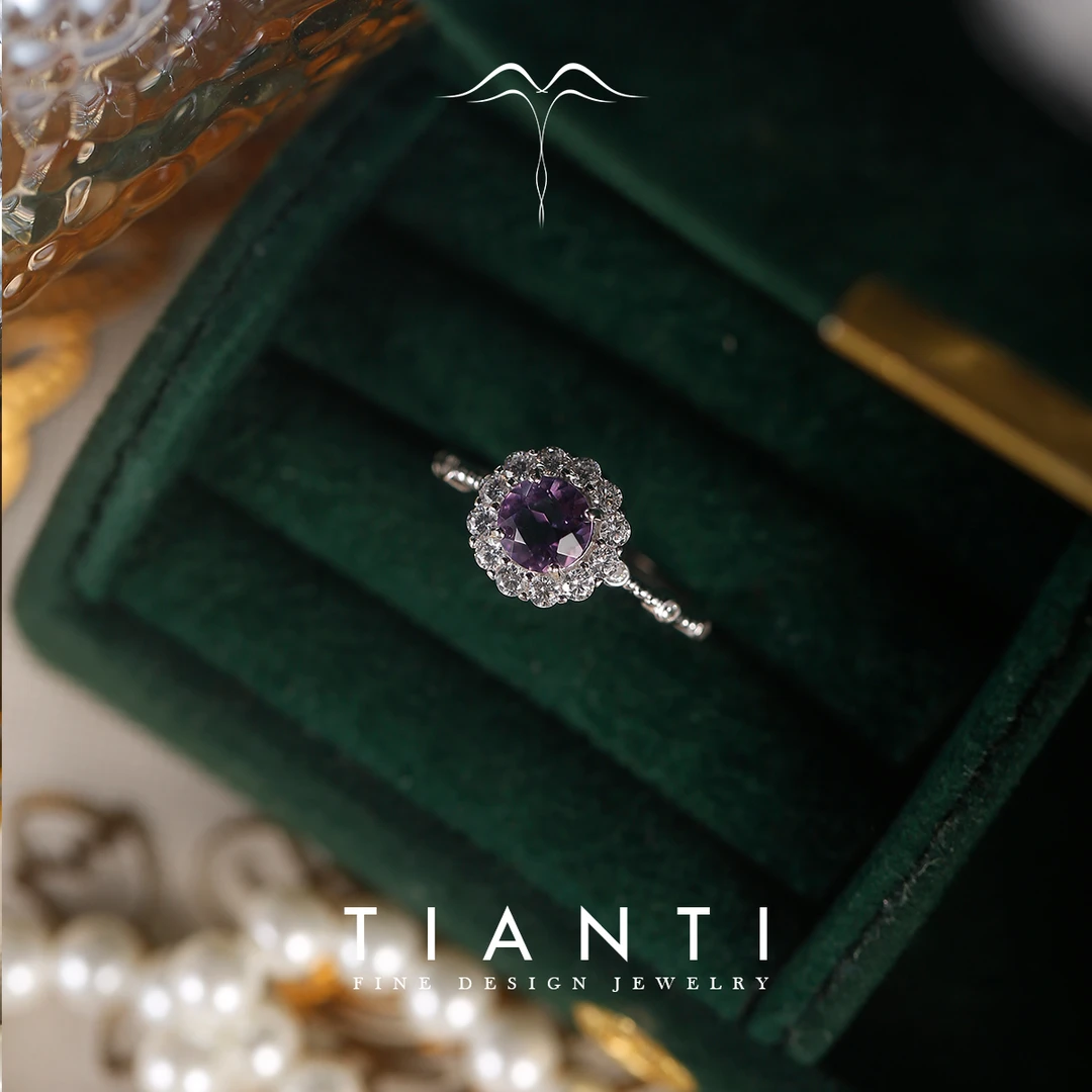 TIANTI/天缇洛徽 6MM 天然紫水晶戒指S925银镀铂金活口可调节大小