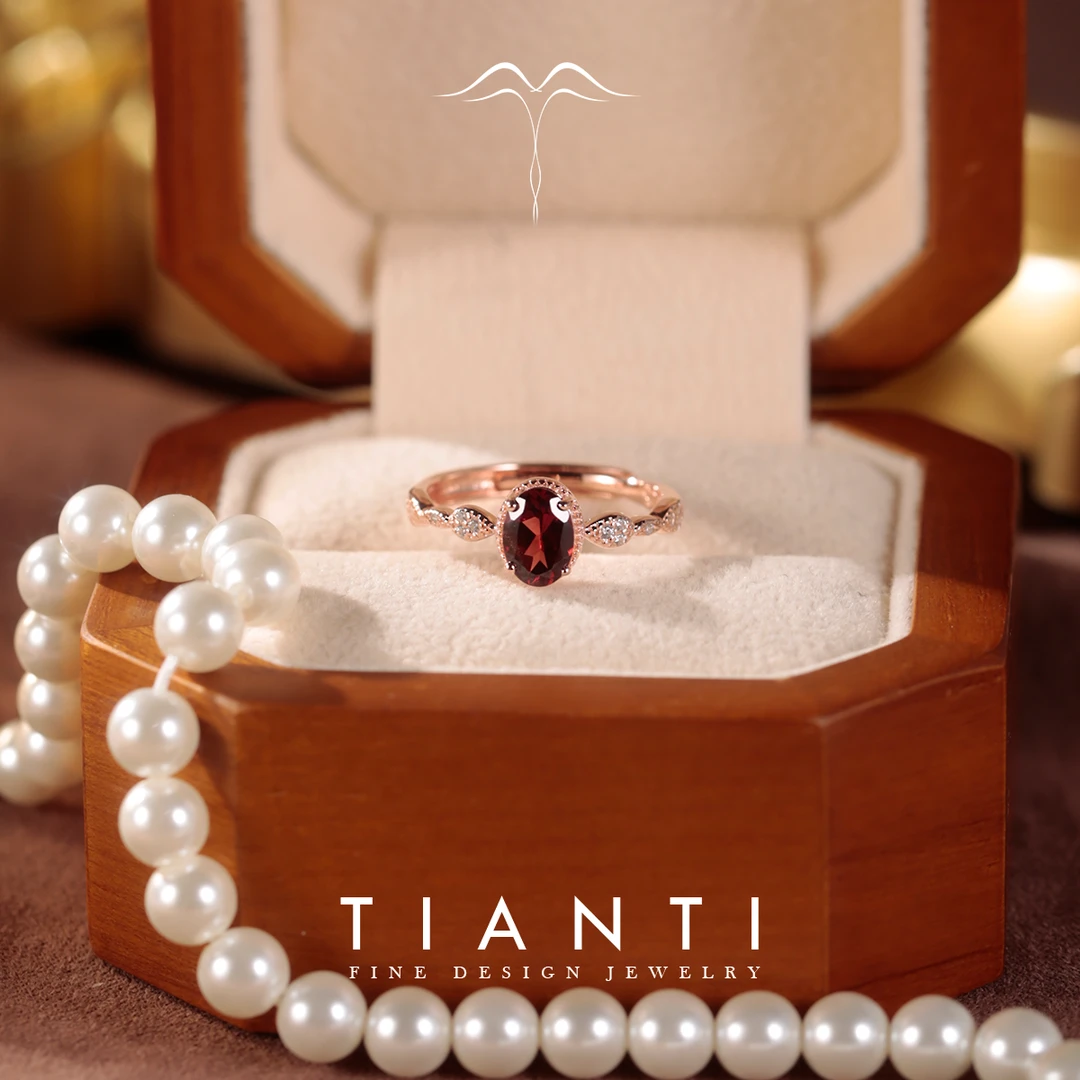 TIANTI/天缇【晨暮】5X7 天然石榴石戒指S925银镀玫瑰金色轻奢复古