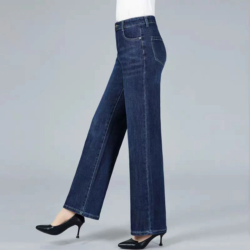 深蓝色直筒牛仔裤女秋冬款洋气百搭妈妈裤高腰显瘦大码垂感阔腿裤