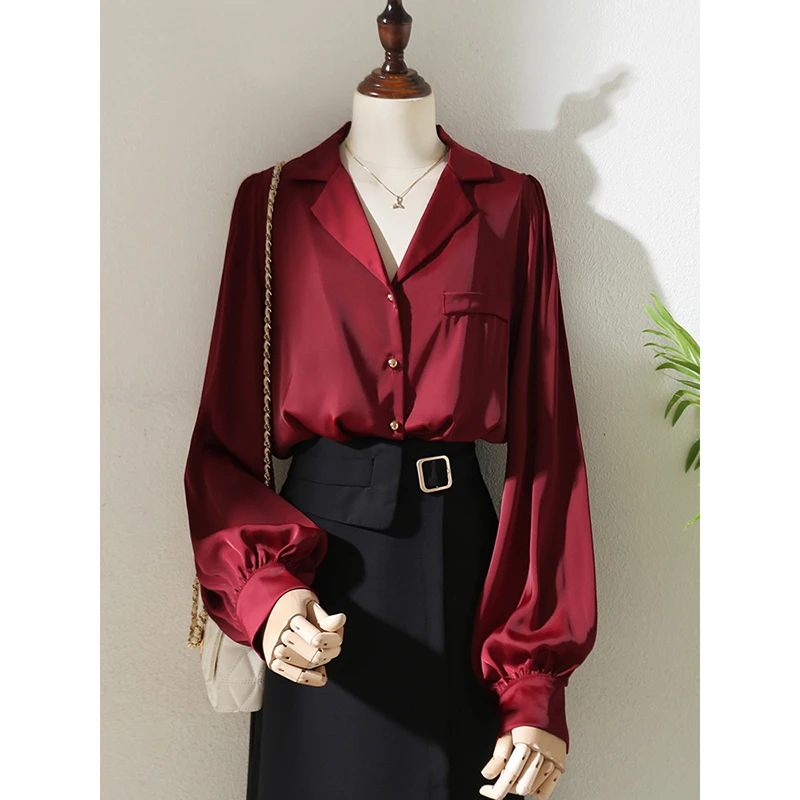 西装领长袖衬衫女2024年春季新款法式复古灯笼袖高级感酒红色上衣