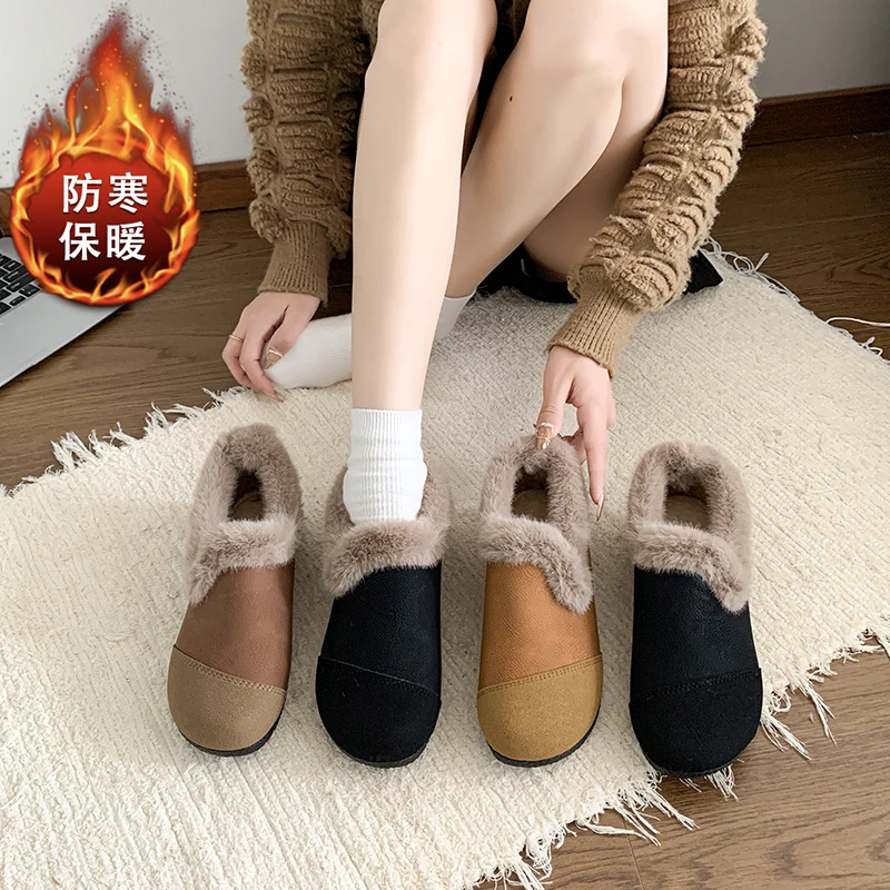 意迪森冬季新款毛毛鞋妈妈鞋一脚蹬复古豆豆鞋加绒保暖防滑棉鞋