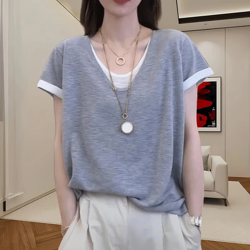 竹节棉假两件宽松套头上衣女韩版时尚遮肚休闲洋气短袖T恤衫女款