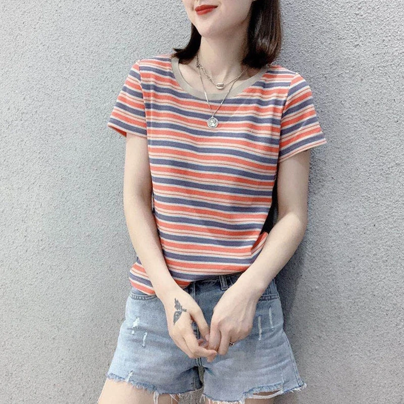 100棉T恤女2025夏季新款彩色条纹短袖减龄宽松打底衫圆领显瘦上衣
