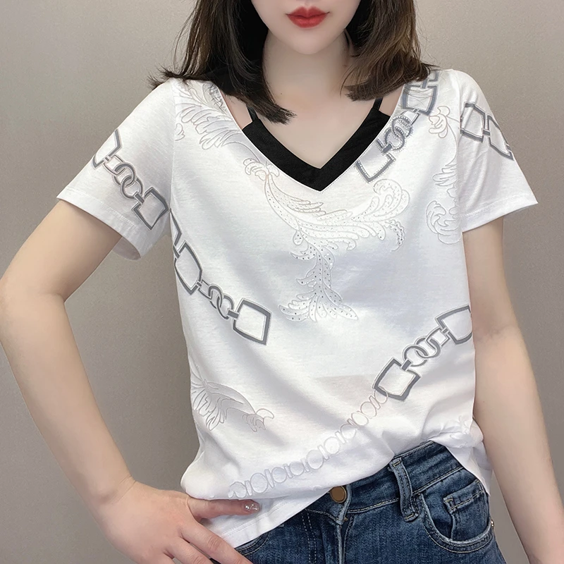 纯棉T恤女2025夏季新款时尚V领短袖宽松拼色印花休闲百搭镂空上衣