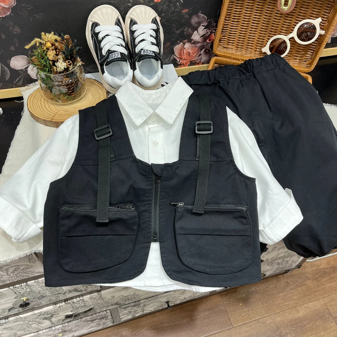 月姬儿童春秋男宝洋气个性工装风衬衫马甲套装24k17