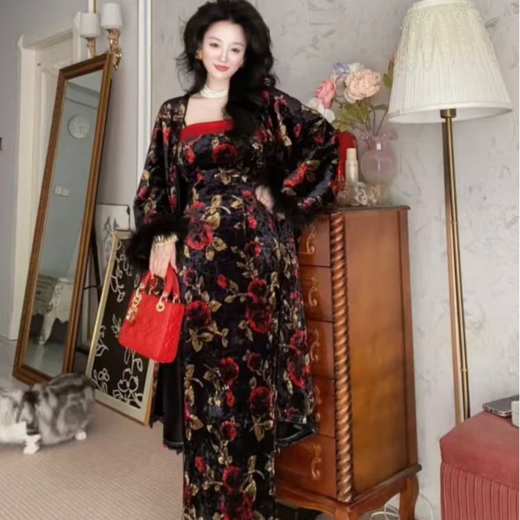 唯艳家【俄尔普斯】原创冬款加绒加厚气质旗袍吊带裙连衣裙