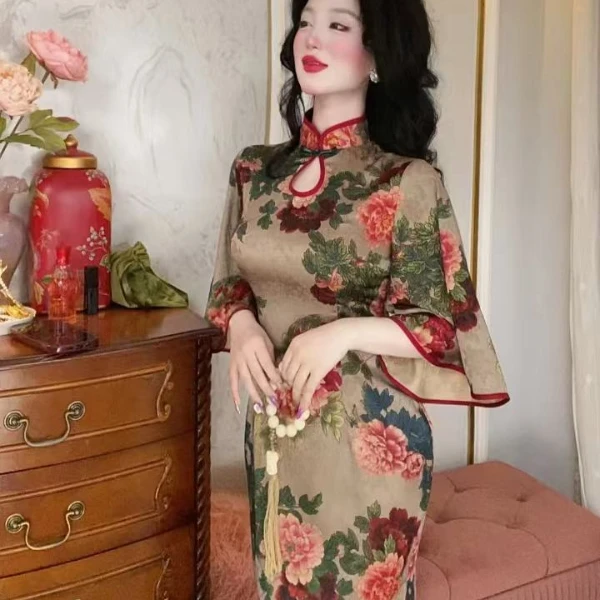 唯艳家【醉寒江】原创复古奢华高级花萝新中式收腰倒大袖连衣裙旗袍