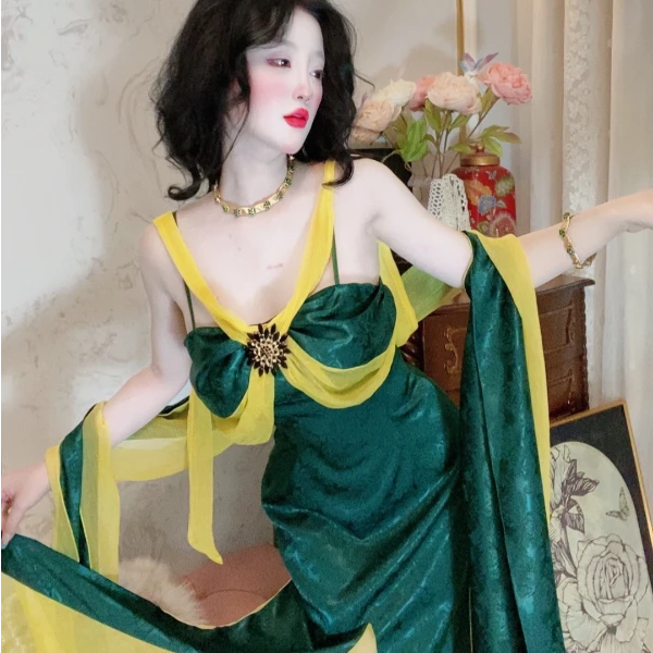 【 尼罗河花园 】原创复古新中式仁丝暗纹提花吊带旗袍