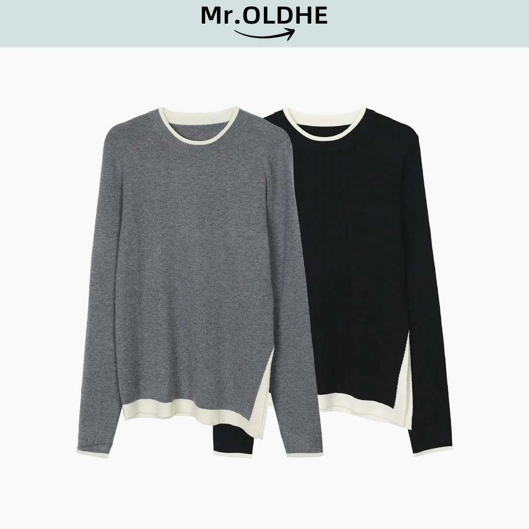 两色圆领条纹长袖侧开叉羊毛针织打底