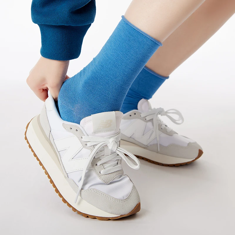 上森派系senpop蓝色袜子女夏季薄款桑蚕丝卷边堆堆袜夏天中筒袜白