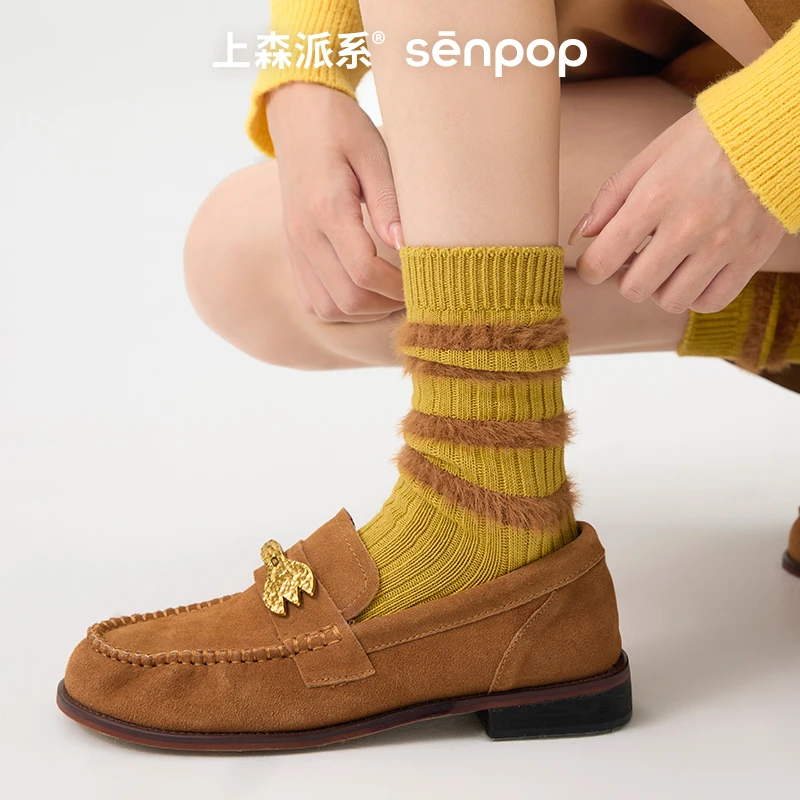 上森派系黄色袜子女堆堆袜秋冬中筒袜无骨袜厚款月子袜长袜