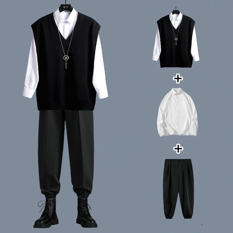 160-165矮个子男生套装春秋季男士V领毛衣潮牌帅气三件套衣服男休