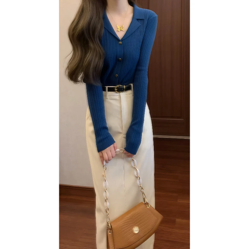 秋冬港风复古长袖针织开衫毛衣&灯芯绒半身长裙套装裙9710