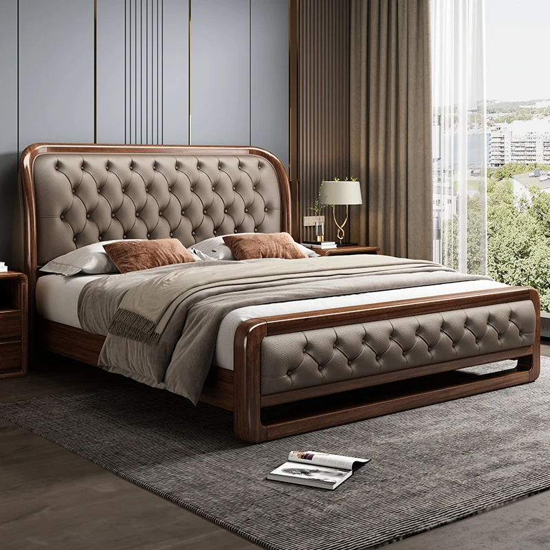 真皮软包实木床胡桃木床1.5m现代简约1.8米双人床主卧新中式婚床