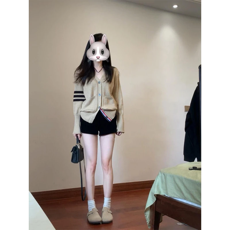 学院风复古撞色三条杠V领毛衣开衫女宽松百搭慵懒针织衫外套上衣