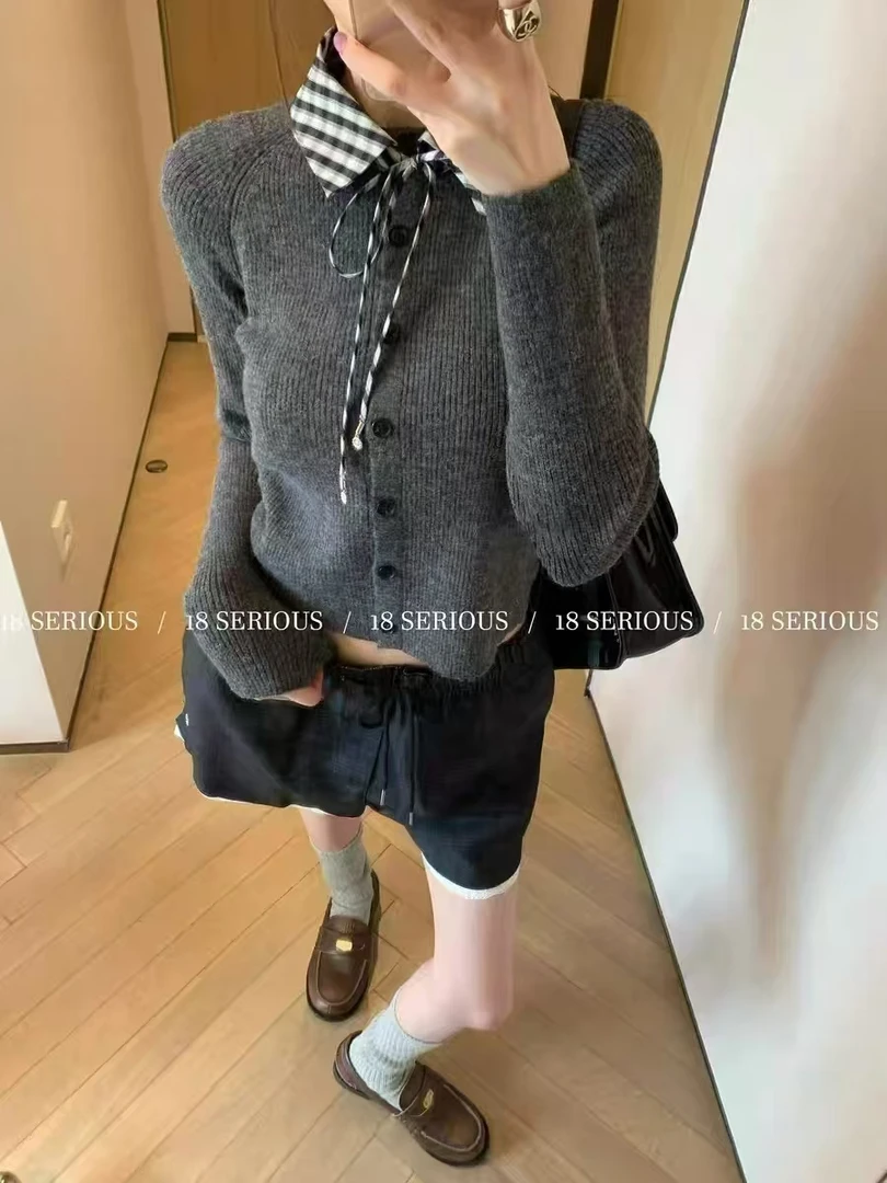 灰色假两件格子长袖针织开衫女款秋冬毛衣内搭弹力修身设计感上衣