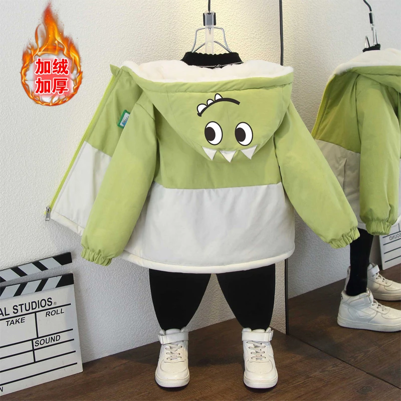 女童秋冬装新款韩版可爱卡通尖角龙加绒加厚外套男童保暖宽松棉服