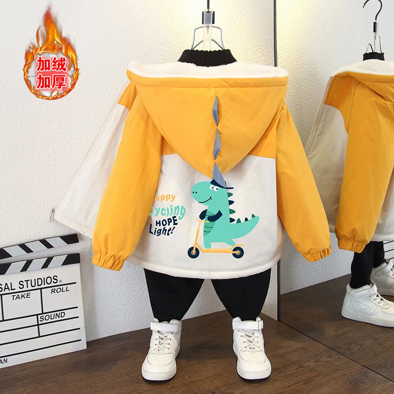 男女宝宝秋冬韩版时尚保暖棉衣女童卡通恐龙印花加绒加厚连帽外套