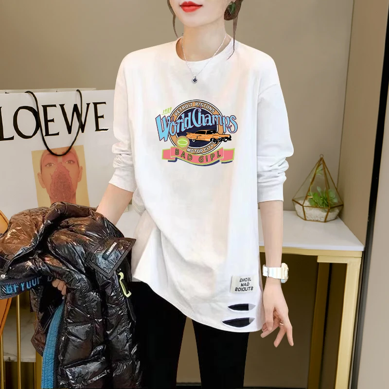 白色破洞打底衫内搭2024春季长袖t恤女宽松中长款遮屁鲨鱼裤上衣