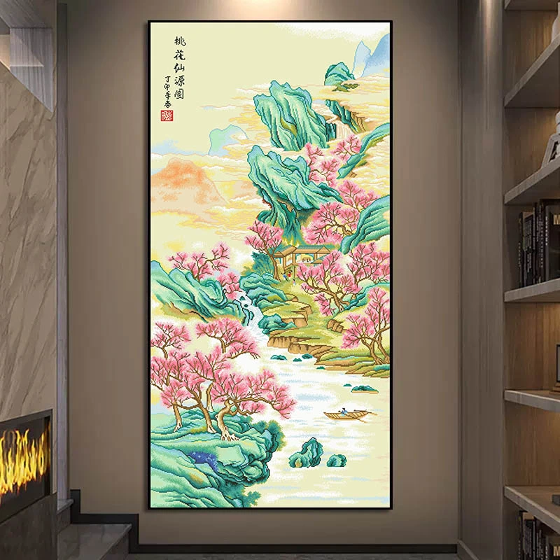 甜心Kes桃花仙源图十字绣2023新款线绣中国风客厅玄关风景山水画