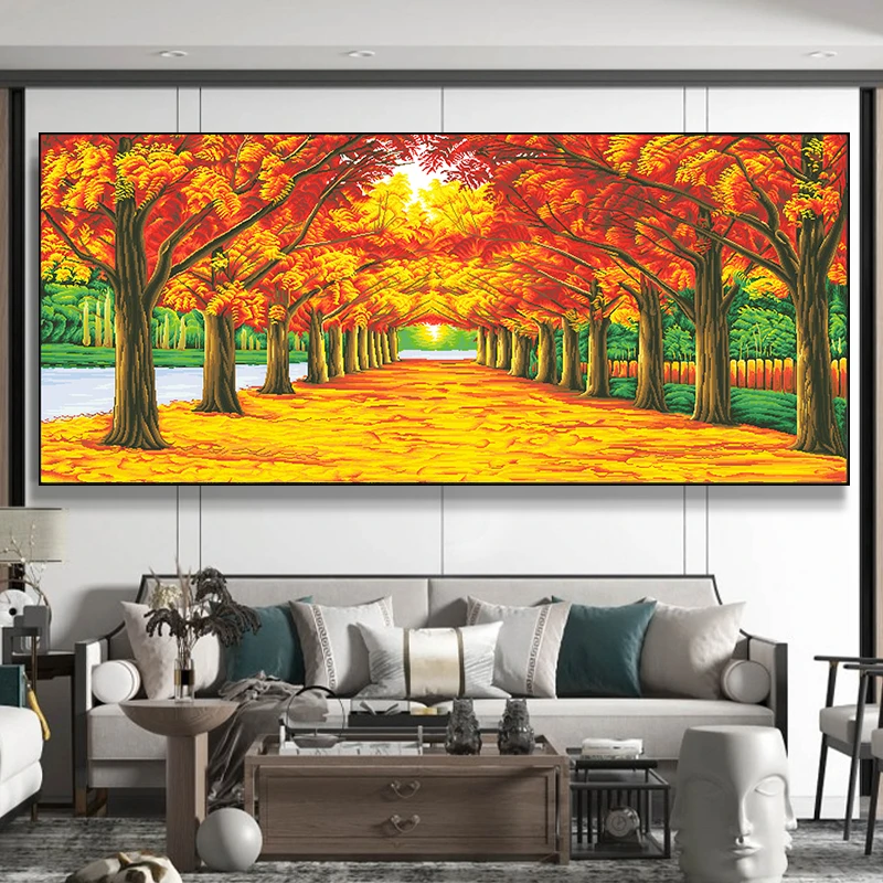 甜心Kes黄金满地十字绣2023新款线绣客厅现代大气风景画手工刺绣