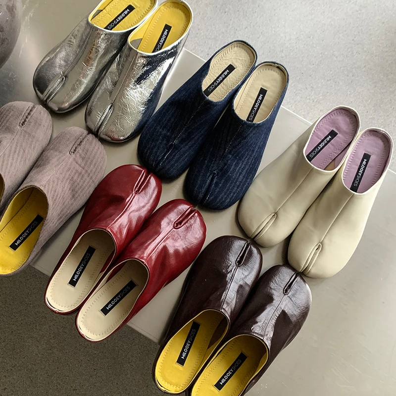 迷失麋鹿 “鹿蹄半拖” 银色真皮分趾鞋女春秋新款外穿单鞋半拖女