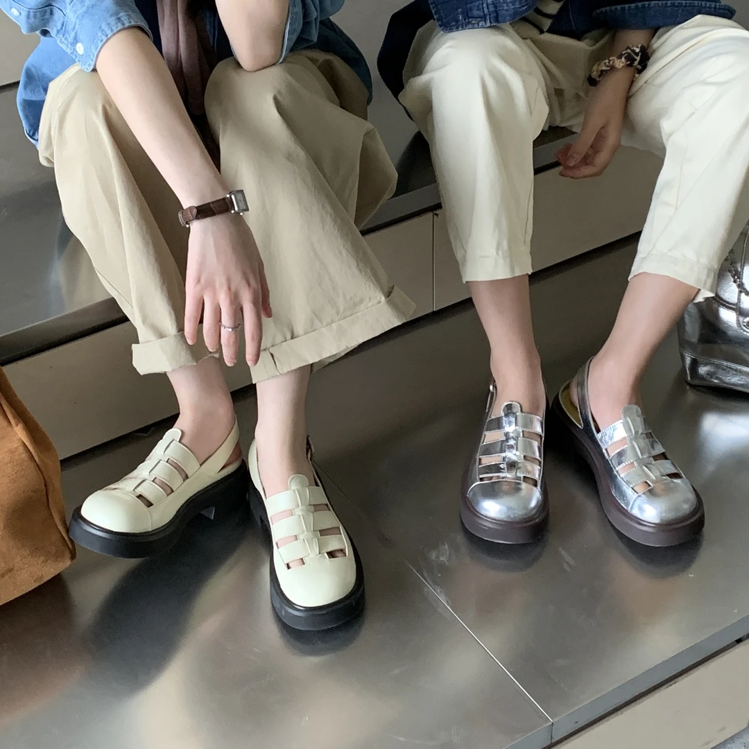 迷失麋鹿 “编织鱼骨鞋”复古厚底凉鞋女夏季包头百搭罗马鞋女