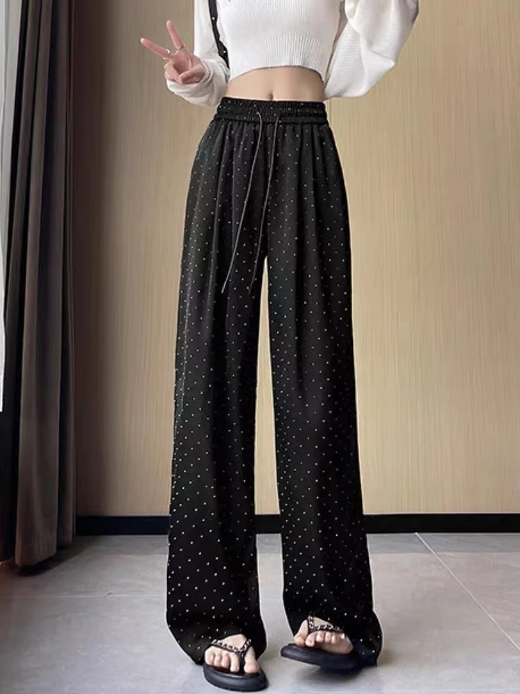 夏季新薄款烫钻阔腿裤运动时尚休闲白搭大码女裤宽松显瘦垂感胖mm