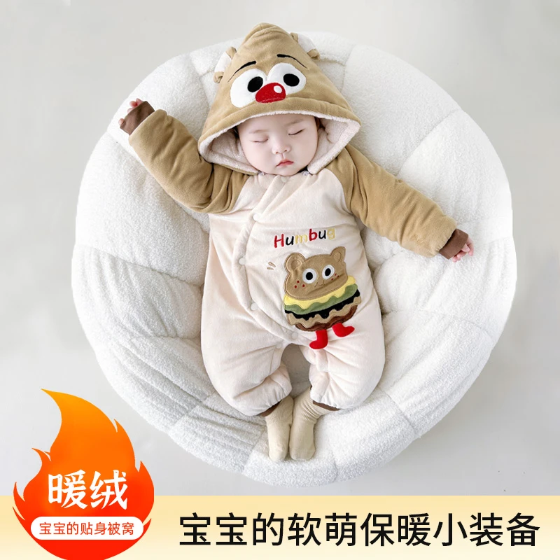 婴儿加厚绒面棉服哈衣宝宝可爱连体衣保暖新生儿外出服秋冬装爬服