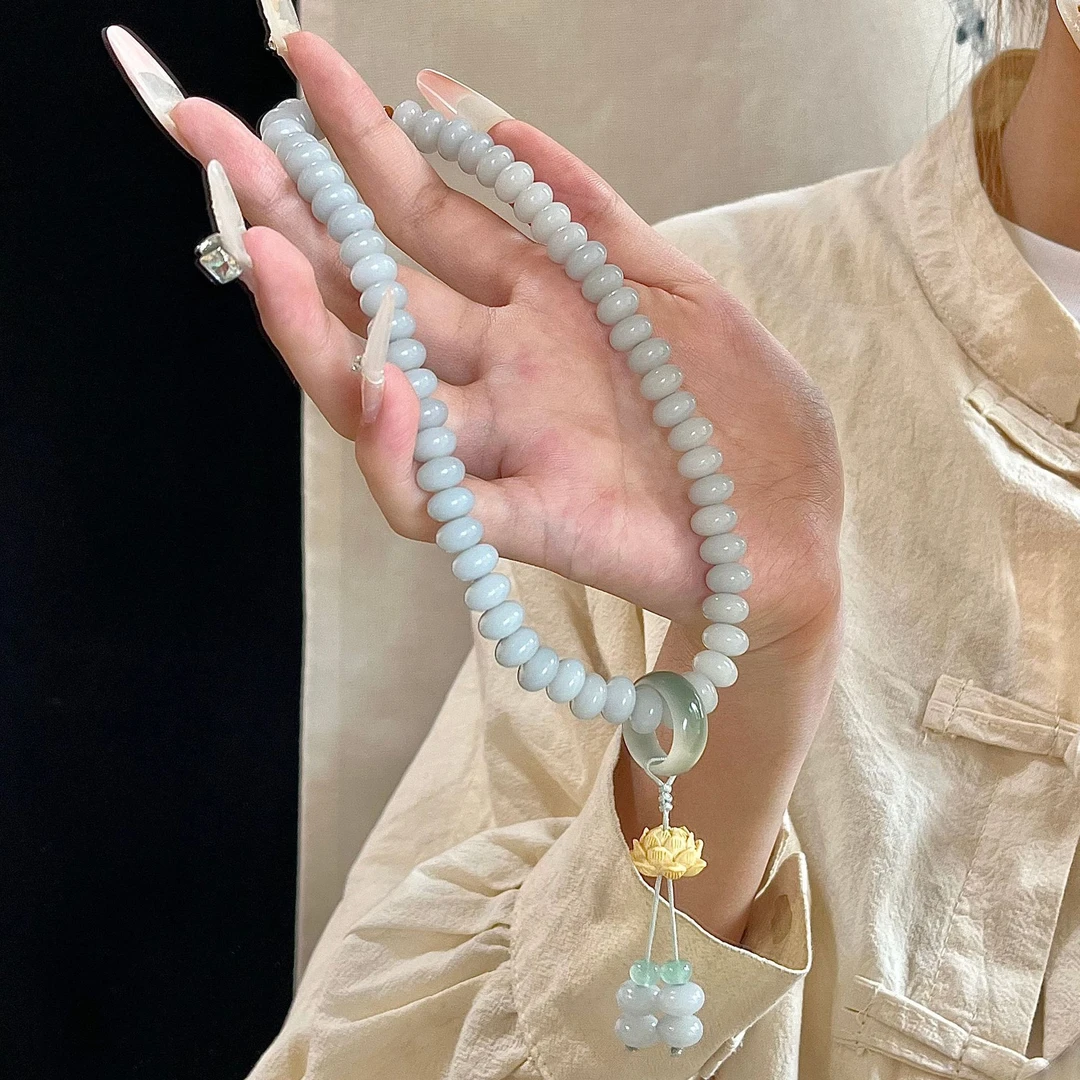 天青烟雨色菩提根手串多圈女手持文玩白玉菩提算盘珠莲蓬跑环念珠
