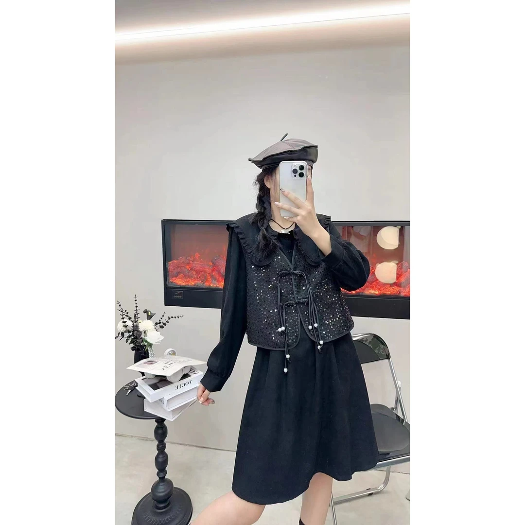 七格格家大码早秋显瘦亮片马甲连衣裙两件套91519