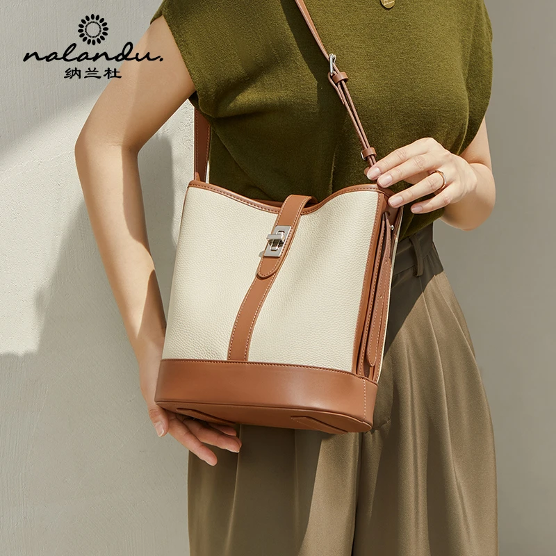 纳兰杜2025新款时尚撞色牛皮水桶包大容量单肩包ins通勤女包-DBK