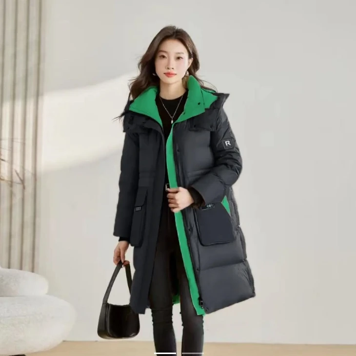 【安琪专属】888黑色羽绒服撞色长款修身连帽冬季女士鸭绒服
