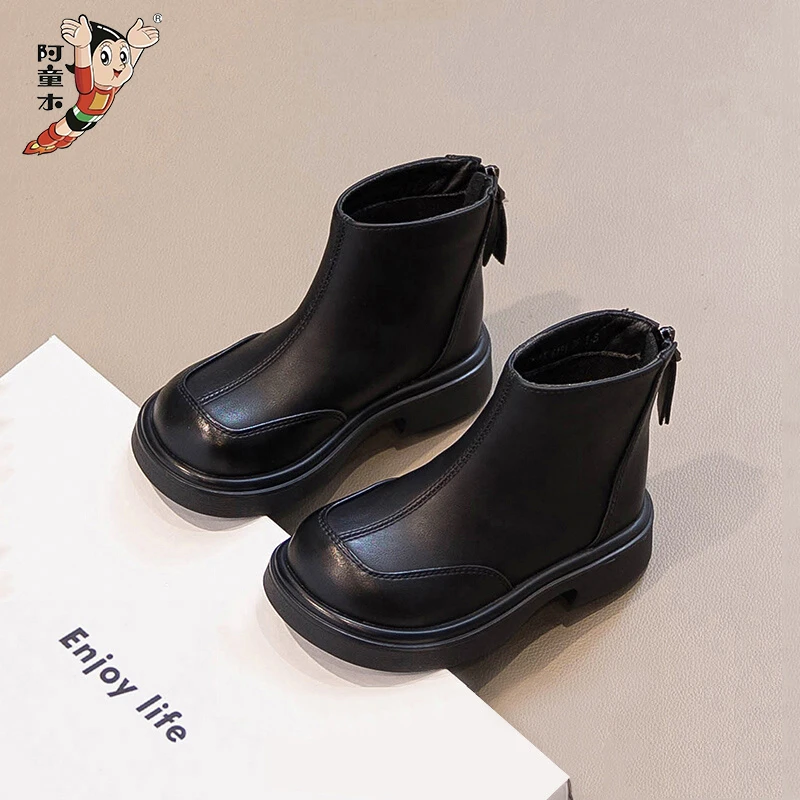 阿童木女童靴子短靴2024新款秋季黑色儿童马丁靴女宝宝鞋子皮鞋爆
