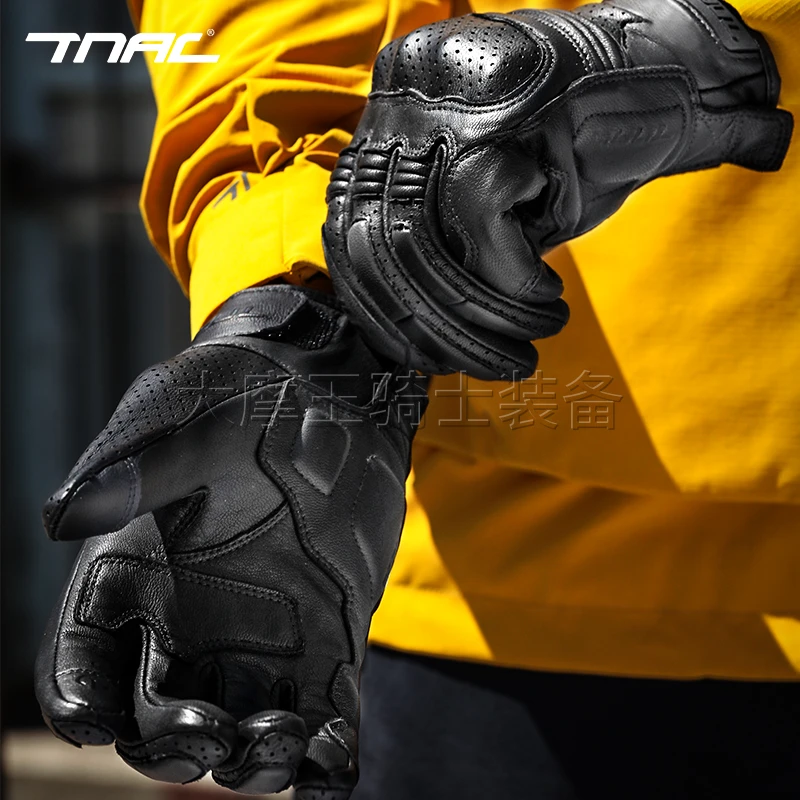 TNAC拓驰摩托车复古手套羊皮防摔防滑四季带触屏透气骑士手套tg03