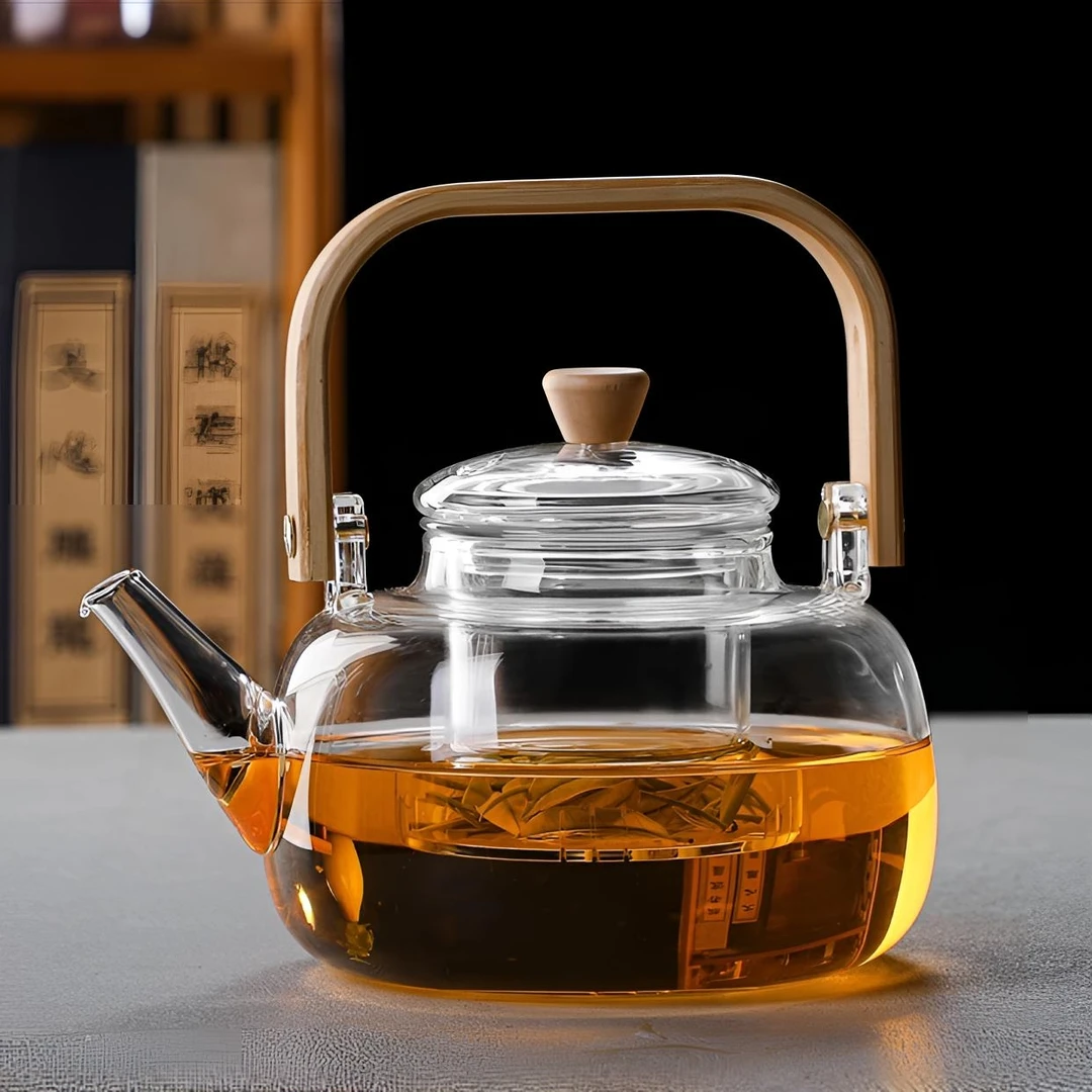 1000毫升大容量提梁壶煮茶壶耐热加厚透明壶烧水竹木过滤大号家用
