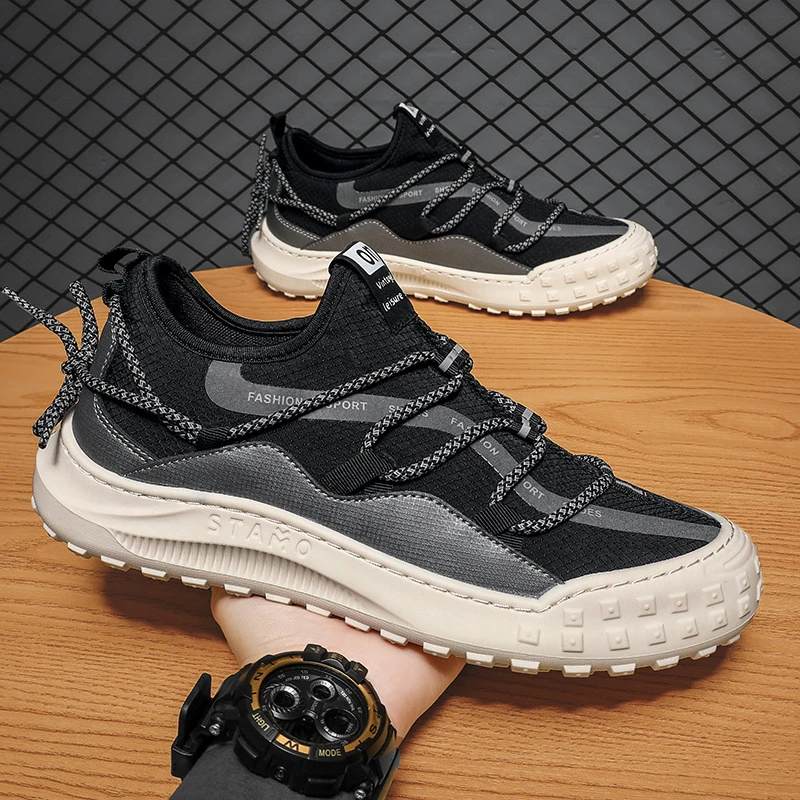 男士春夏透气布鞋时尚交叉绑带男鞋子潮流个性板鞋户外轻便套脚鞋