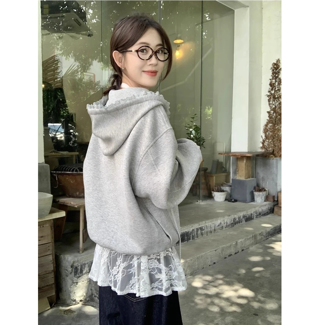 2024年秋季女小个子韩系减龄甜美灰色木耳领连帽卫衣百搭爆款上衣