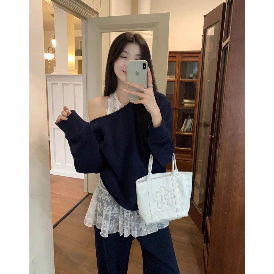 休闲套装宽松斜肩卫衣女蕾丝小背心2024新款早秋设计感百搭两件套