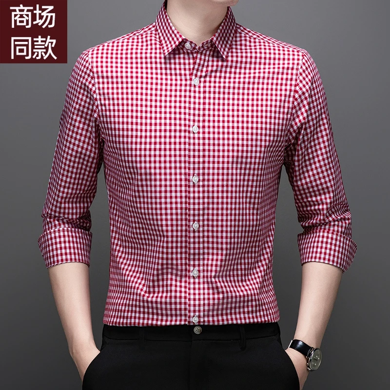商务休闲中年长袖格子翻领衬衫爸爸装商务绅士男装2025新款