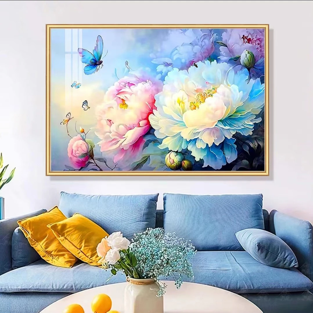 4092蝴蝶戏牡丹十字绣餐厅玄关客厅画小幅牡丹画花卉满绣无勾边