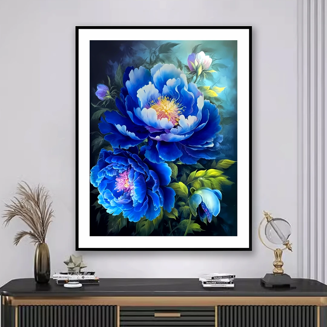 【金丝布】5038蓝色妖姬牡丹花满绣十字绣无勾边竖版玄关走廊楼梯