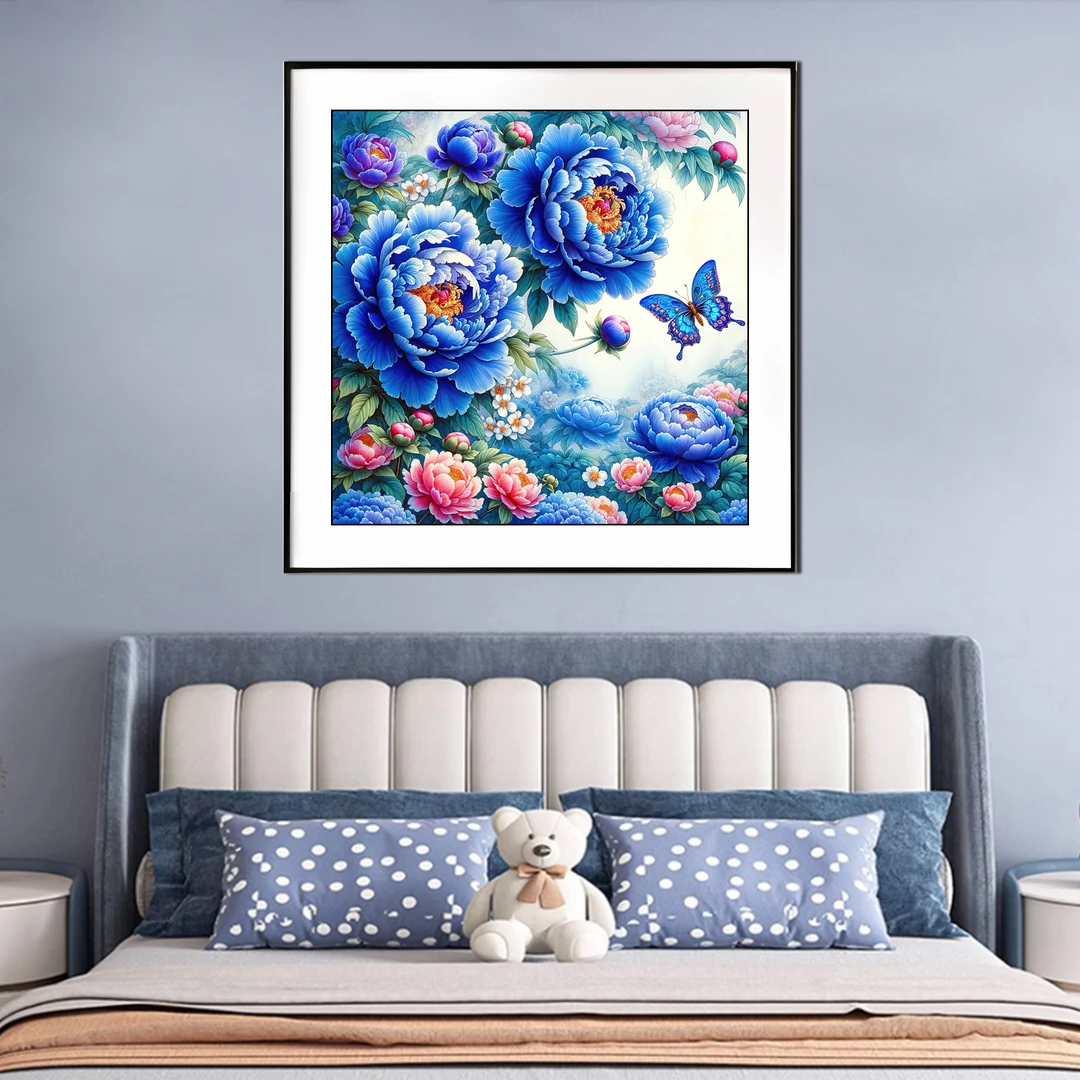 【新疆长绒棉双纱棉礼盒版】6776盛世牡丹-蓝色十字绣 客厅画 48色