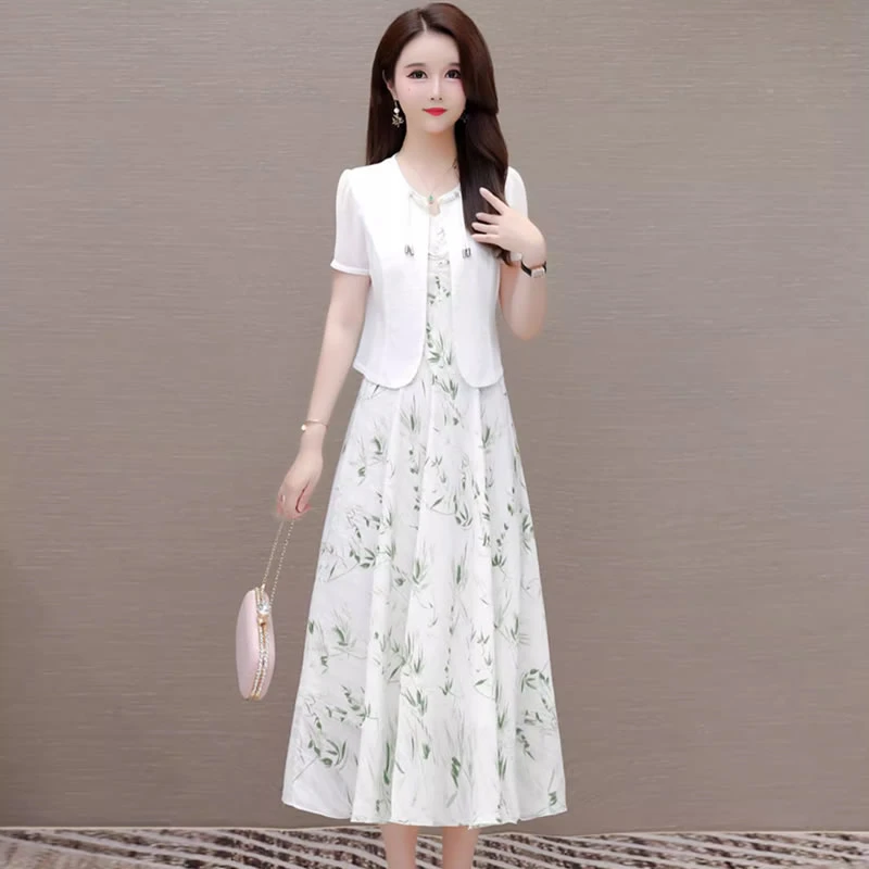 高档女装连衣裙2025夏季新款新中式国风中长款遮肚显瘦印花两件套