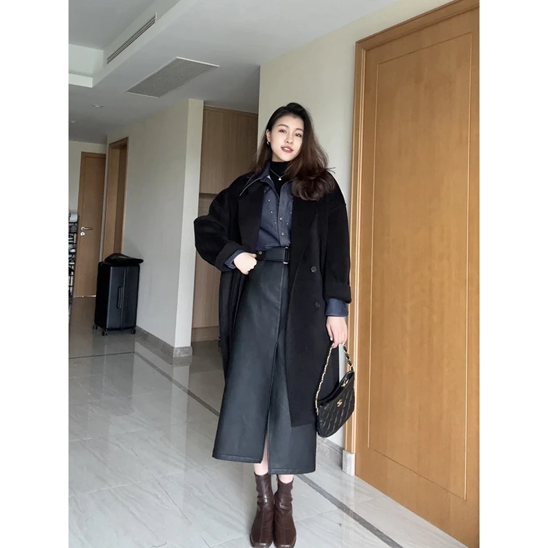 张阿星【佩丽斯大衣】韩版气质高级质感加厚百搭双面呢黑色百搭外套
