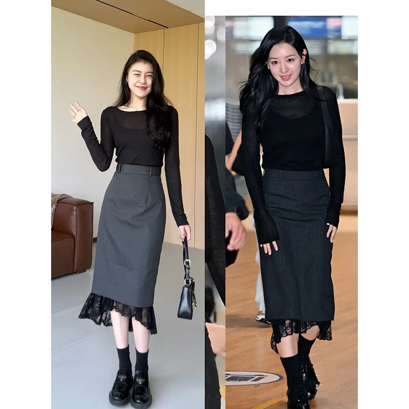 张阿星【心动响铃】微透假两件微透修身针织衫+蕾丝拼接设计感半裙