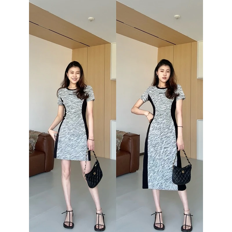 张阿星【灰色秘密长短款】撞色显瘦修容收腰开衩显瘦连衣裙WQ351014