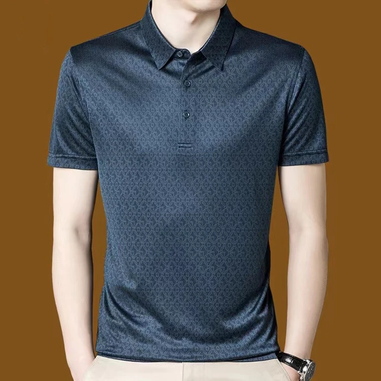 夏高端桑蚕丝短袖衬衫男真丝爸爸商务时尚polo衫翻领上衣丝滑冰爽